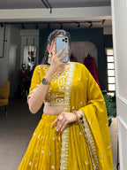 Lorenvalley Mustard Vichitra Silk Sequins and Thread Embroidery Work Lehenga Choli | Grocsy