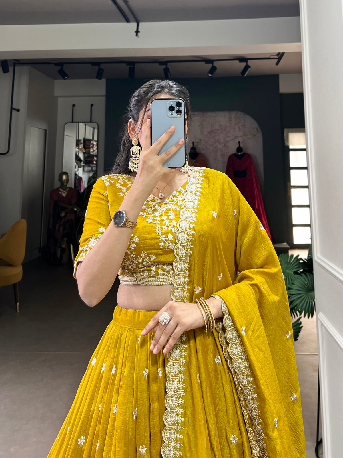 Lorenvalley Mustard Vichitra Silk Sequins and Thread Embroidery Work Lehenga Choli | Grocsy