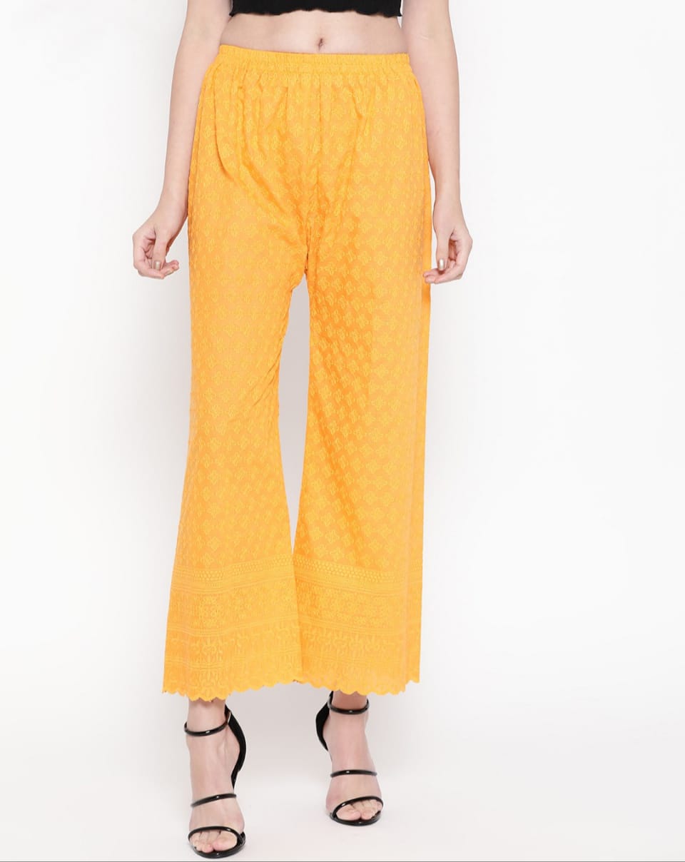 PAVONINE Yellow Color Full Chikankari Cotton Fabric Palazzo For Women | Grocsy