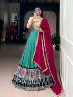 Lorenvalley Fashion Bottlegreen Rayon Bandhej and Ajarakh Print with Sequins and Thread Embroidery Lehenga Choli with Dupatta | Grocsy