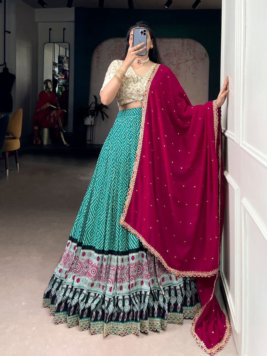 Lorenvalley Fashion Bottlegreen Rayon Bandhej and Ajarakh Print with Sequins and Thread Embroidery Lehenga Choli with Dupatta | Grocsy