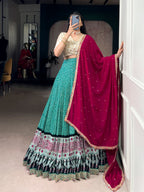 Lorenvalley Fashion Bottlegreen Rayon Bandhej and Ajarakh Print with Sequins and Thread Embroidery Lehenga Choli with Dupatta | Grocsy