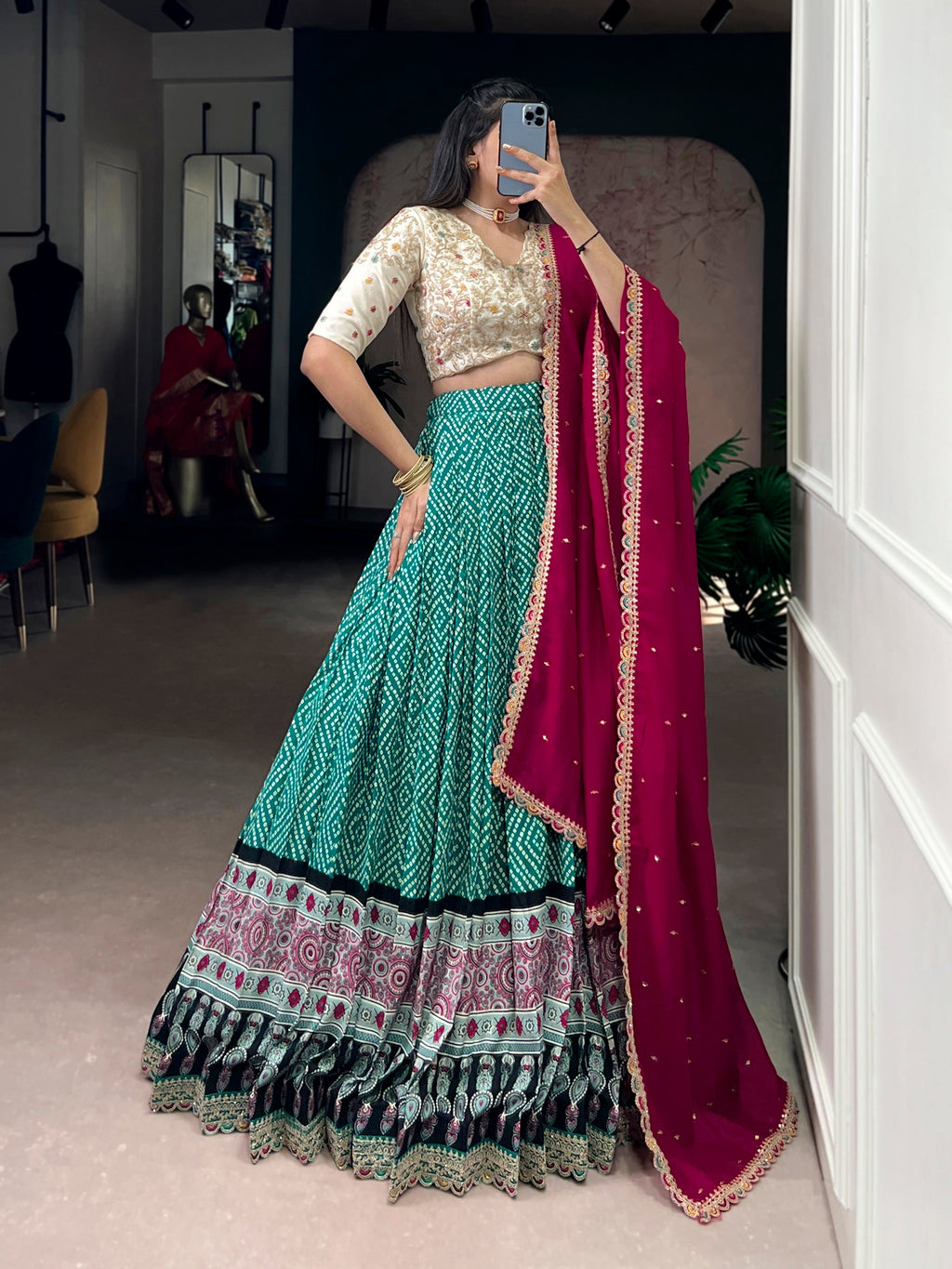 Lorenvalley Fashion Bottlegreen Rayon Bandhej and Ajarakh Print with Sequins and Thread Embroidery Lehenga Choli with Dupatta | Grocsy