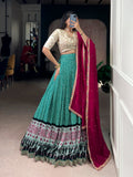 Lorenvalley Fashion Bottlegreen Rayon Bandhej and Ajarakh Print with Sequins and Thread Embroidery Lehenga Choli with Dupatta | Grocsy