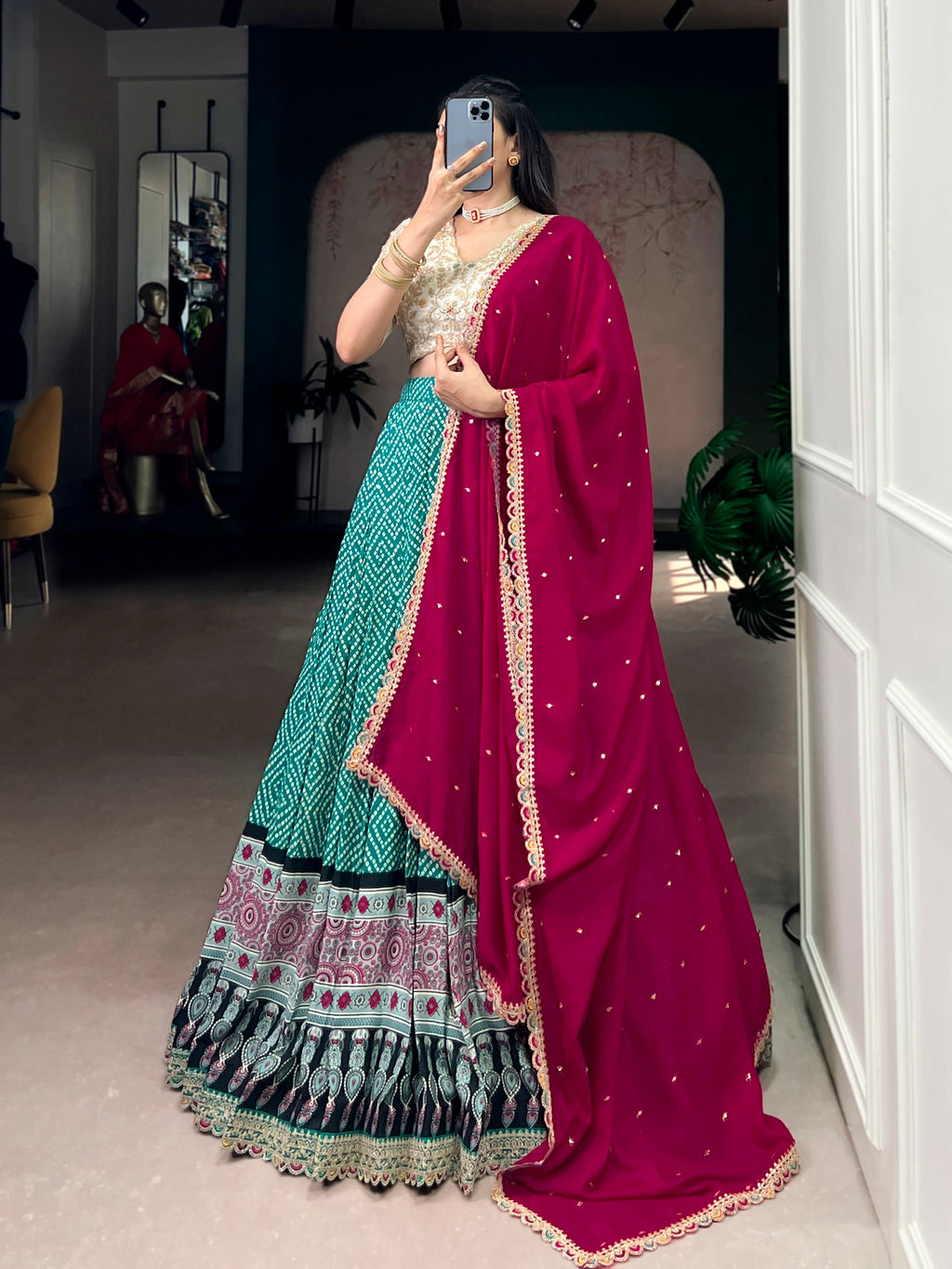 Lorenvalley Fashion Bottlegreen Rayon Bandhej and Ajarakh Print with Sequins and Thread Embroidery Lehenga Choli with Dupatta | Grocsy