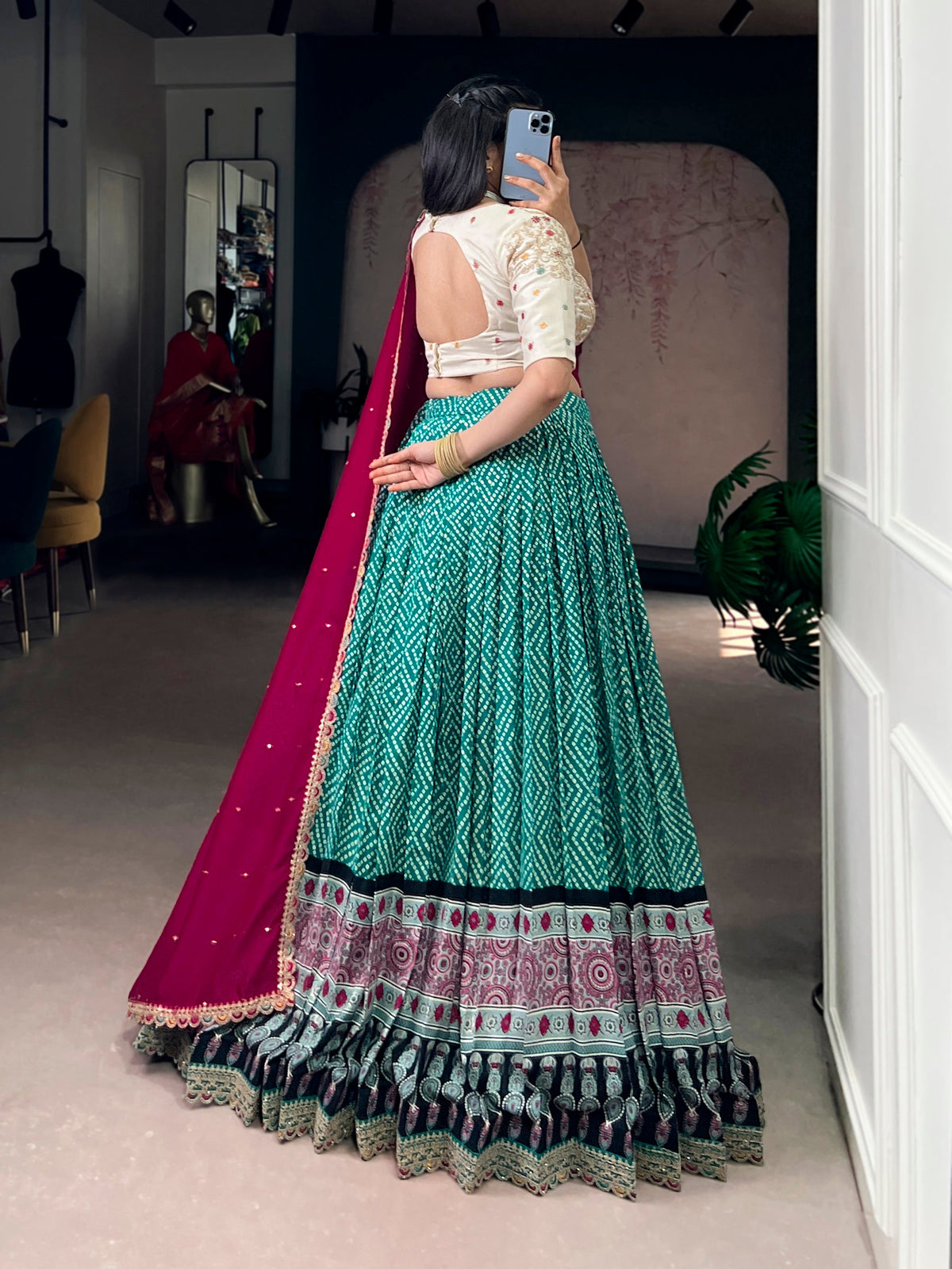 Lorenvalley Fashion Bottlegreen Rayon Bandhej and Ajarakh Print with Sequins and Thread Embroidery Lehenga Choli with Dupatta | Grocsy