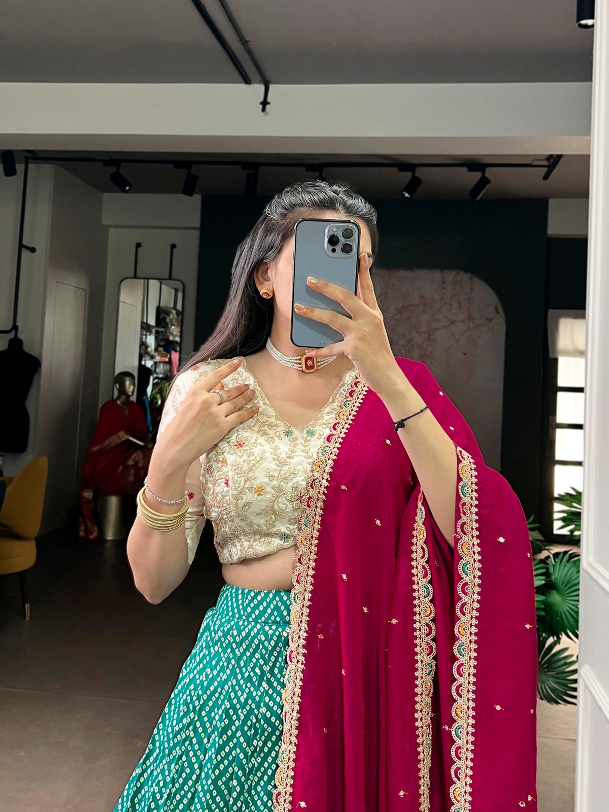 Lorenvalley Fashion Bottlegreen Rayon Bandhej and Ajarakh Print with Sequins and Thread Embroidery Lehenga Choli with Dupatta | Grocsy
