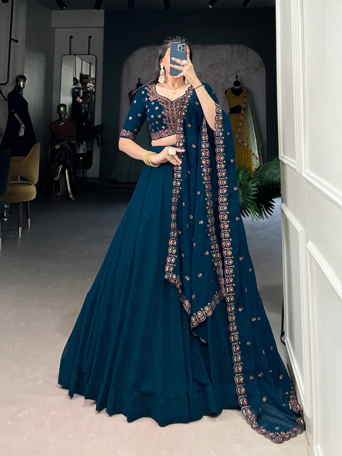 Lorenvalley Teal Georgette Plain Lehenga with Sequins and Thread Embroidery work Choli with Dupatta | Grocsy