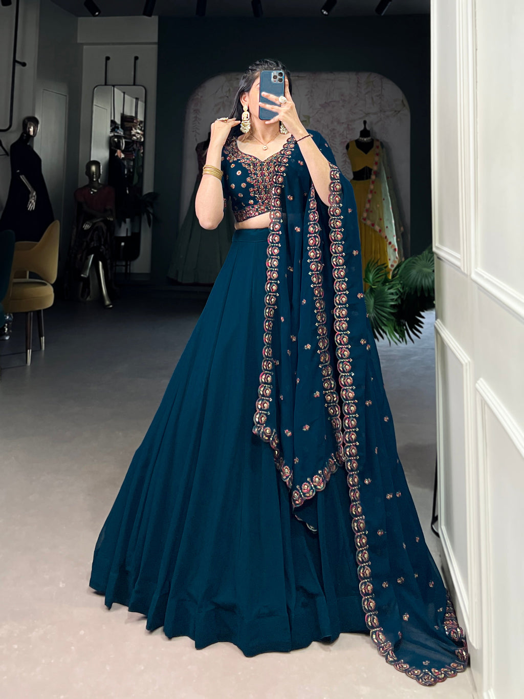 Lorenvalley Teal Georgette Plain Lehenga with Sequins and Thread Embroidery work Choli with Dupatta | Grocsy