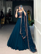 Lorenvalley Teal Georgette Plain Lehenga with Sequins and Thread Embroidery work Choli with Dupatta | Grocsy