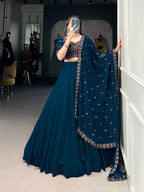 Lorenvalley Teal Georgette Plain Lehenga with Sequins and Thread Embroidery work Choli with Dupatta | Grocsy
