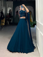 Lorenvalley Teal Georgette Plain Lehenga with Sequins and Thread Embroidery work Choli with Dupatta | Grocsy