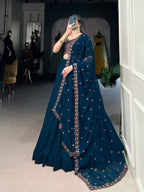 Lorenvalley Teal Georgette Plain Lehenga with Sequins and Thread Embroidery work Choli with Dupatta | Grocsy