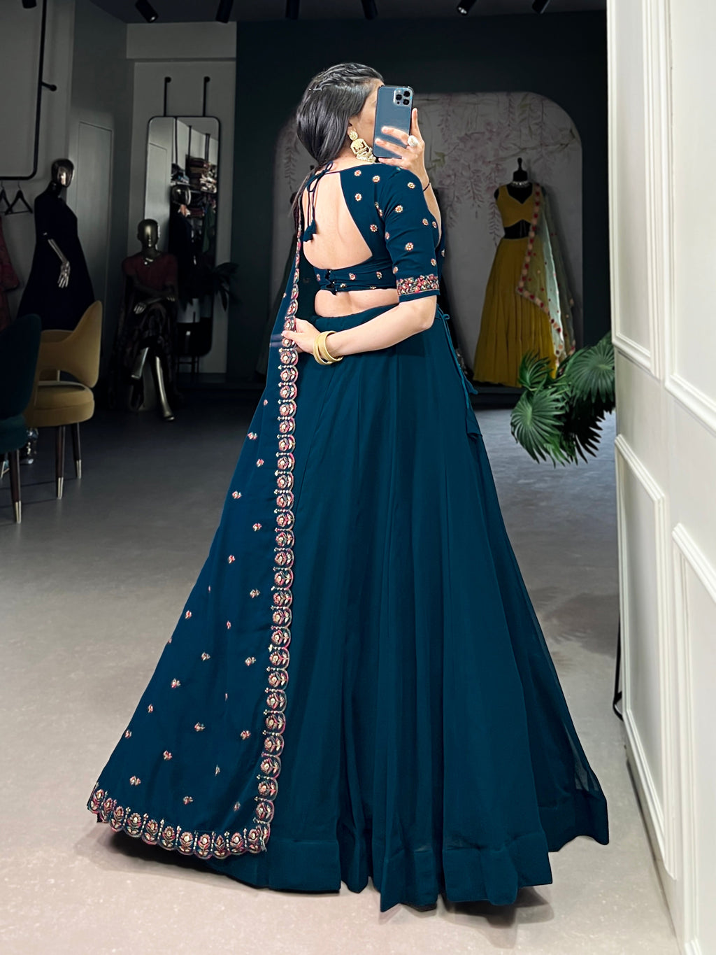 Lorenvalley Teal Georgette Plain Lehenga with Sequins and Thread Embroidery work Choli with Dupatta | Grocsy