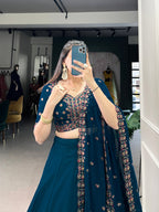 Lorenvalley Teal Georgette Plain Lehenga with Sequins and Thread Embroidery work Choli with Dupatta | Grocsy