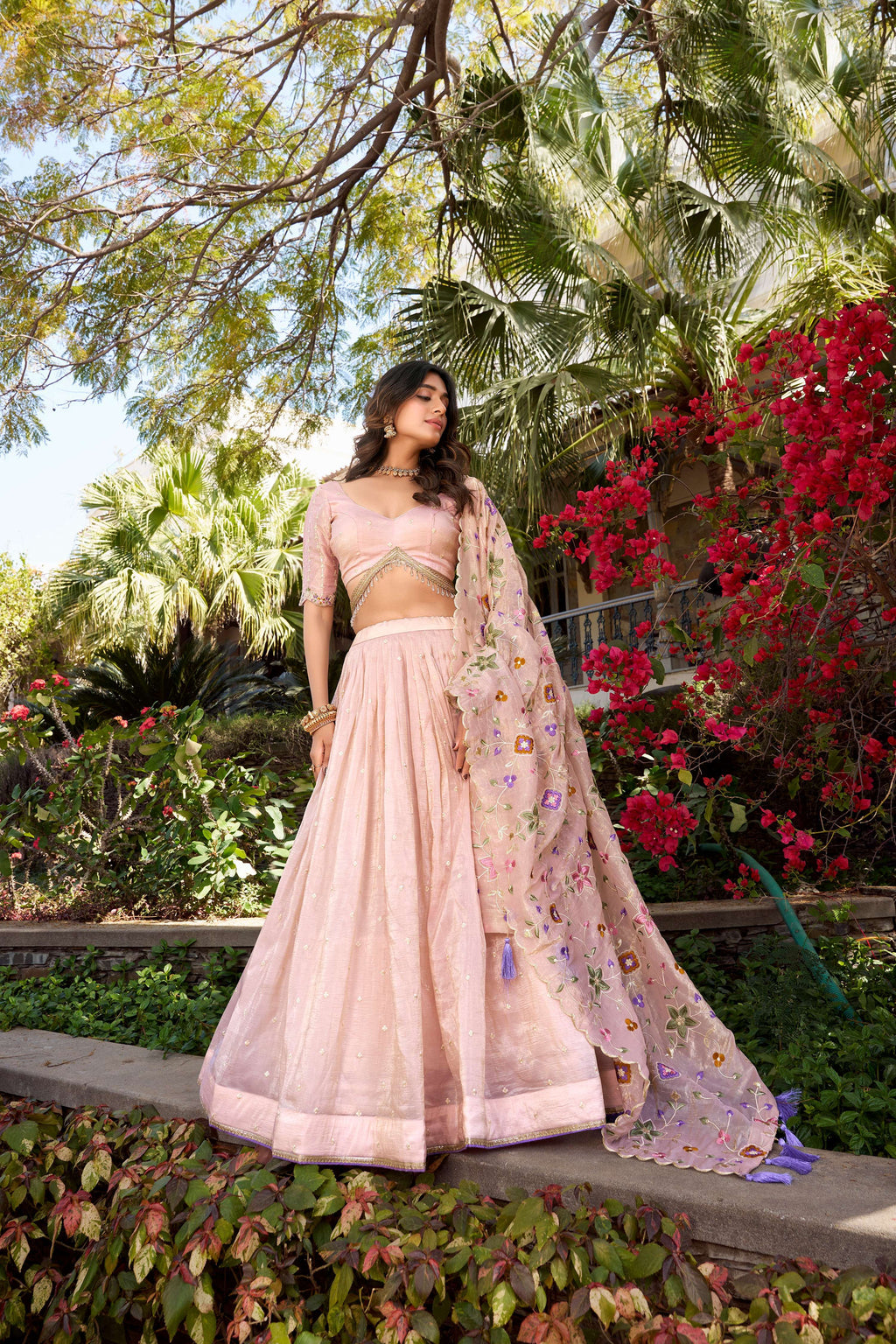 Lorenvalley Light Pink Gold Crush Fabric Sequins and Thread Embroidery All Over Butties Work Lehenga choli | Grocsy