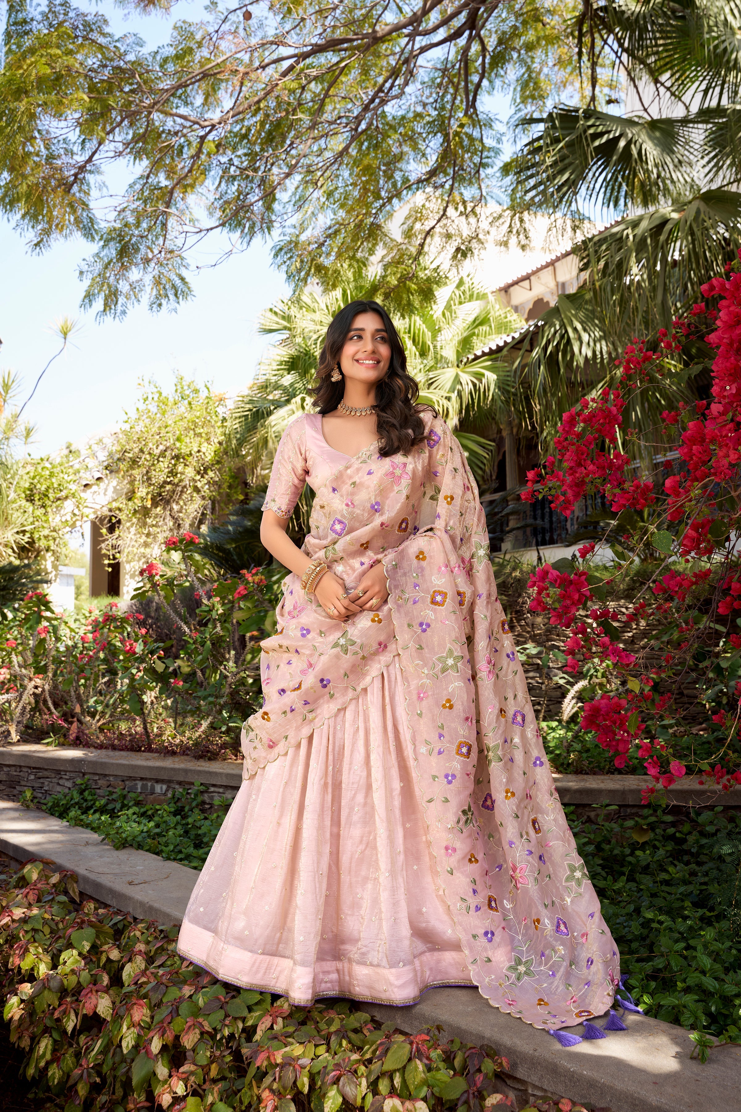 Lorenvalley Light Pink Gold Crush Fabric Sequins and Thread Embroidery All Over Butties Work Lehenga choli | Grocsy