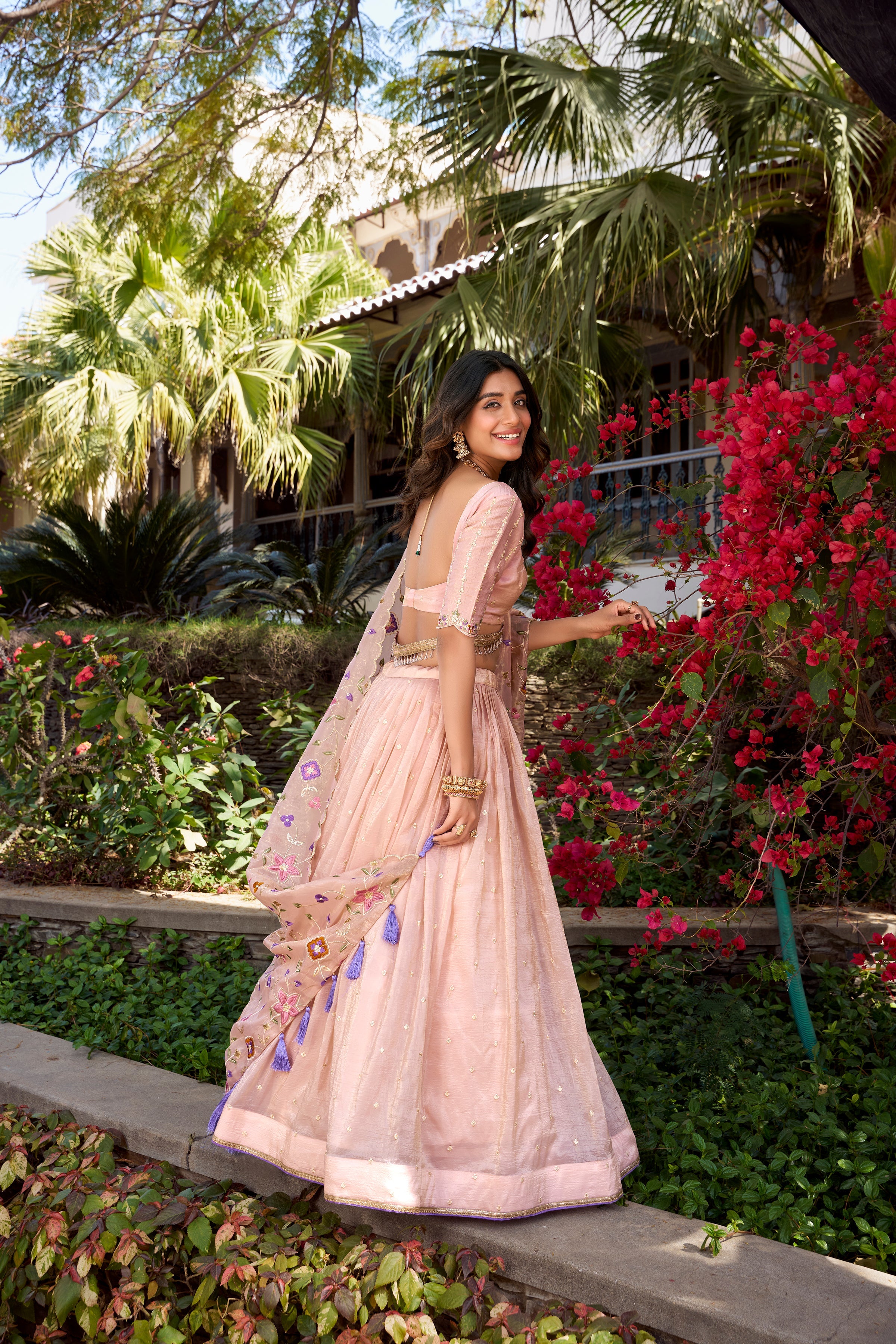 Lorenvalley Light Pink Gold Crush Fabric Sequins and Thread Embroidery All Over Butties Work Lehenga choli | Grocsy