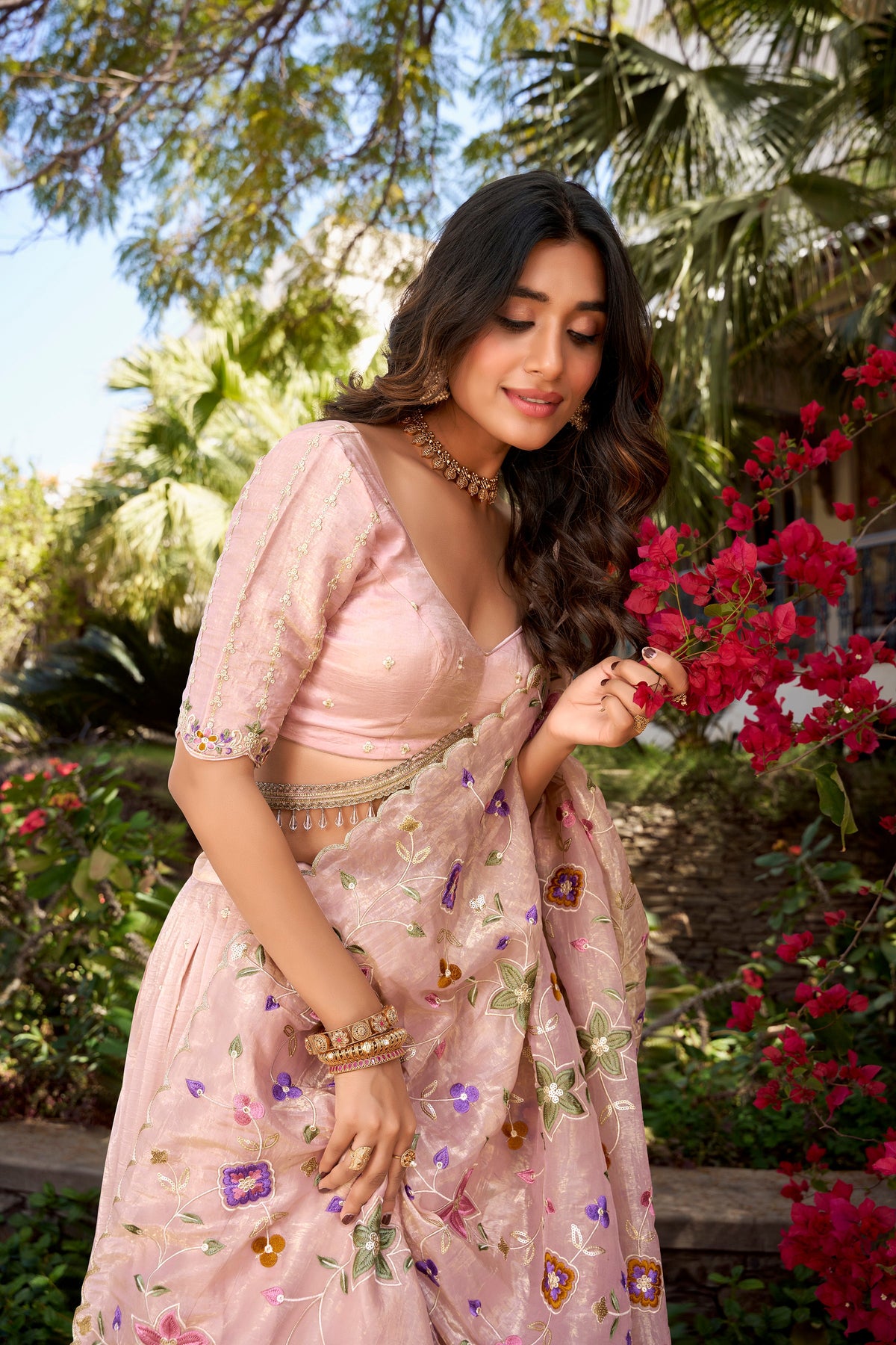 Lorenvalley Light Pink Gold Crush Fabric Sequins and Thread Embroidery All Over Butties Work Lehenga choli | Grocsy