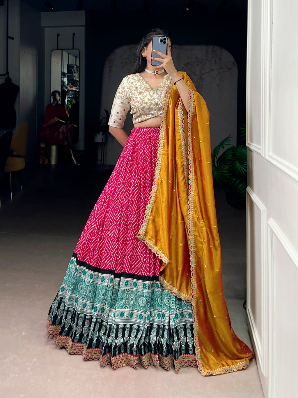 Lorenvalley Fashion Pink Rayon Bandhej and Ajrakh Print with Sequins and Thread Embroidery Lehenga Choli with Dupatta | Grocsy