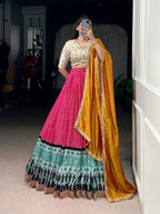 Lorenvalley Fashion Pink Rayon Bandhej and Ajrakh Print with Sequins and Thread Embroidery Lehenga Choli with Dupatta | Grocsy