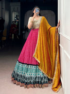 Lorenvalley Fashion Pink Rayon Bandhej and Ajrakh Print with Sequins and Thread Embroidery Lehenga Choli with Dupatta | Grocsy
