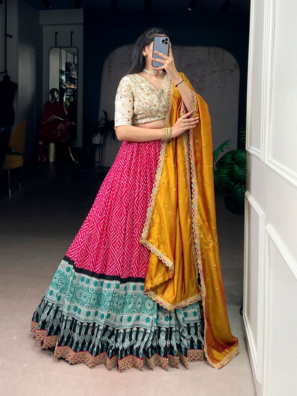 Lorenvalley Fashion Pink Rayon Bandhej and Ajrakh Print with Sequins and Thread Embroidery Lehenga Choli with Dupatta | Grocsy