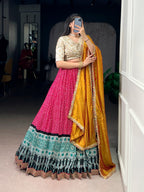 Lorenvalley Fashion Pink Rayon Bandhej and Ajrakh Print with Sequins and Thread Embroidery Lehenga Choli with Dupatta | Grocsy
