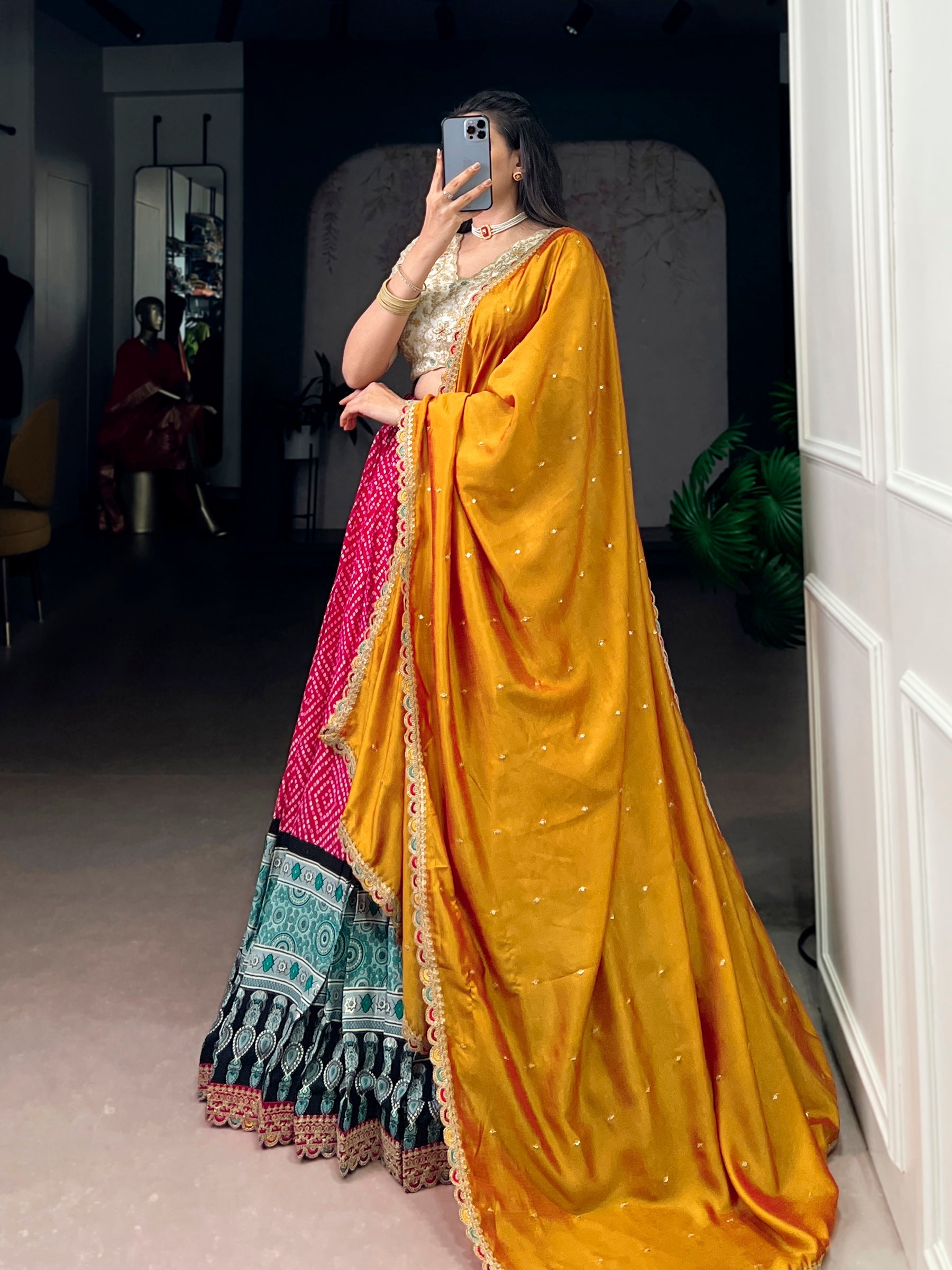 Lorenvalley Fashion Pink Rayon Bandhej and Ajrakh Print with Sequins and Thread Embroidery Lehenga Choli with Dupatta | Grocsy