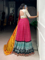 Lorenvalley Fashion Pink Rayon Bandhej and Ajrakh Print with Sequins and Thread Embroidery Lehenga Choli with Dupatta | Grocsy