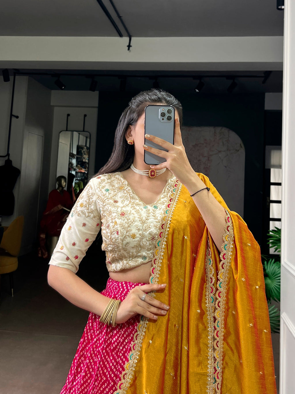 Lorenvalley Fashion Pink Rayon Bandhej and Ajrakh Print with Sequins and Thread Embroidery Lehenga Choli with Dupatta | Grocsy