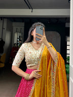 Lorenvalley Fashion Pink Rayon Bandhej and Ajrakh Print with Sequins and Thread Embroidery Lehenga Choli with Dupatta | Grocsy