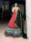 Lorenvalley Fashion Red Rayon Bandhej and Ajrakh Print with Sequins and Thread Embroidery Lehenga Choli with Dupatta | Grocsy