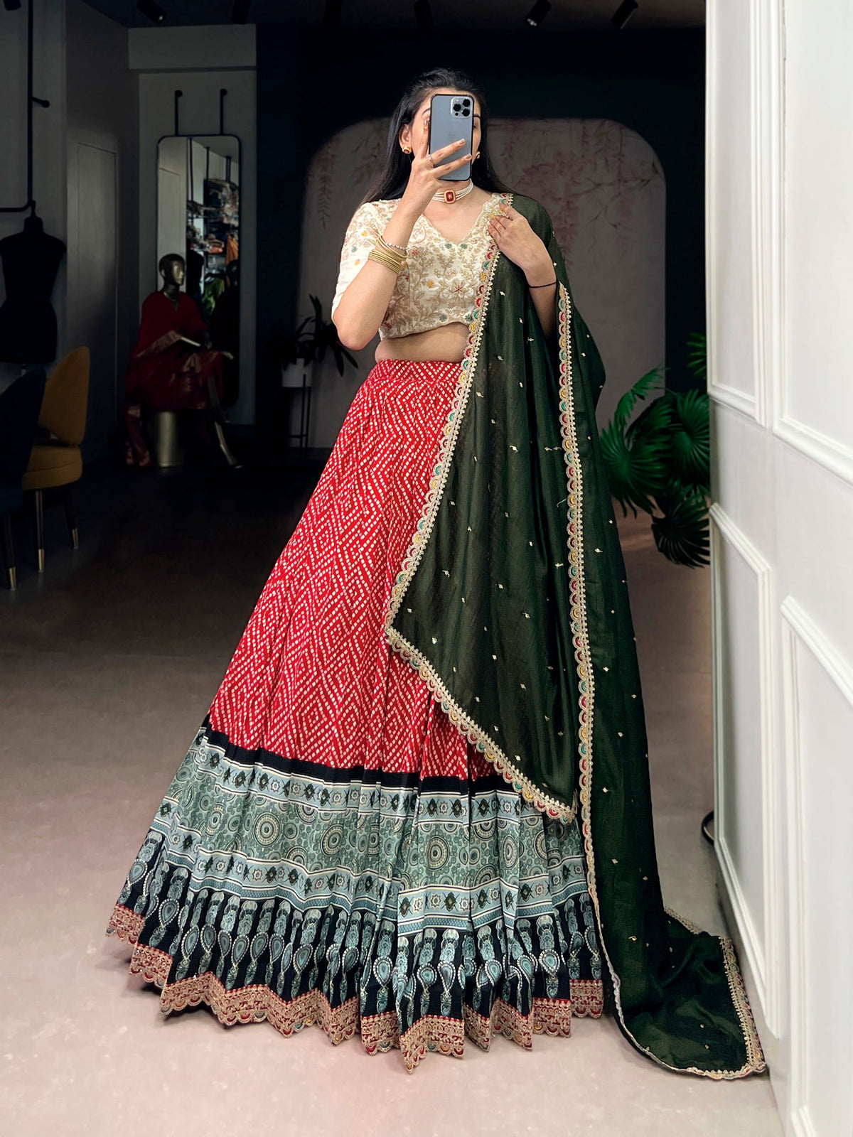Lorenvalley Fashion Red Rayon Bandhej and Ajrakh Print with Sequins and Thread Embroidery Lehenga Choli with Dupatta | Grocsy