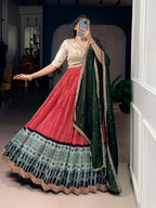 Lorenvalley Fashion Red Rayon Bandhej and Ajrakh Print with Sequins and Thread Embroidery Lehenga Choli with Dupatta | Grocsy