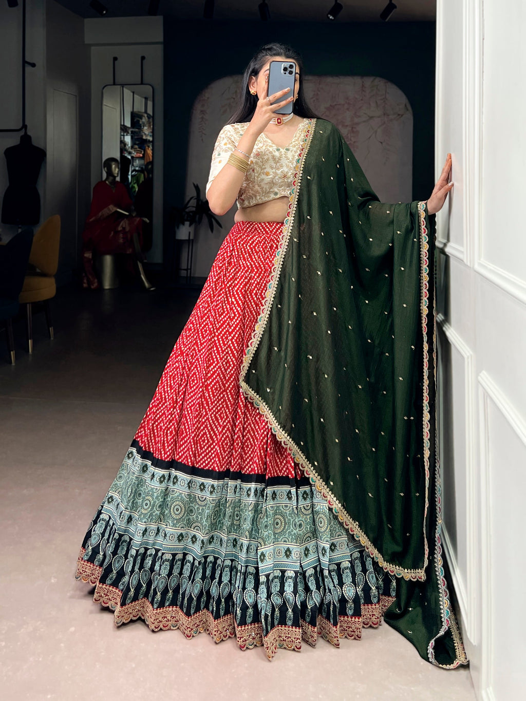 Lorenvalley Fashion Red Rayon Bandhej and Ajrakh Print with Sequins and Thread Embroidery Lehenga Choli with Dupatta | Grocsy