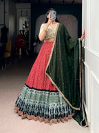 Lorenvalley Fashion Red Rayon Bandhej and Ajrakh Print with Sequins and Thread Embroidery Lehenga Choli with Dupatta | Grocsy