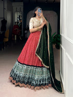 Lorenvalley Fashion Red Rayon Bandhej and Ajrakh Print with Sequins and Thread Embroidery Lehenga Choli with Dupatta | Grocsy