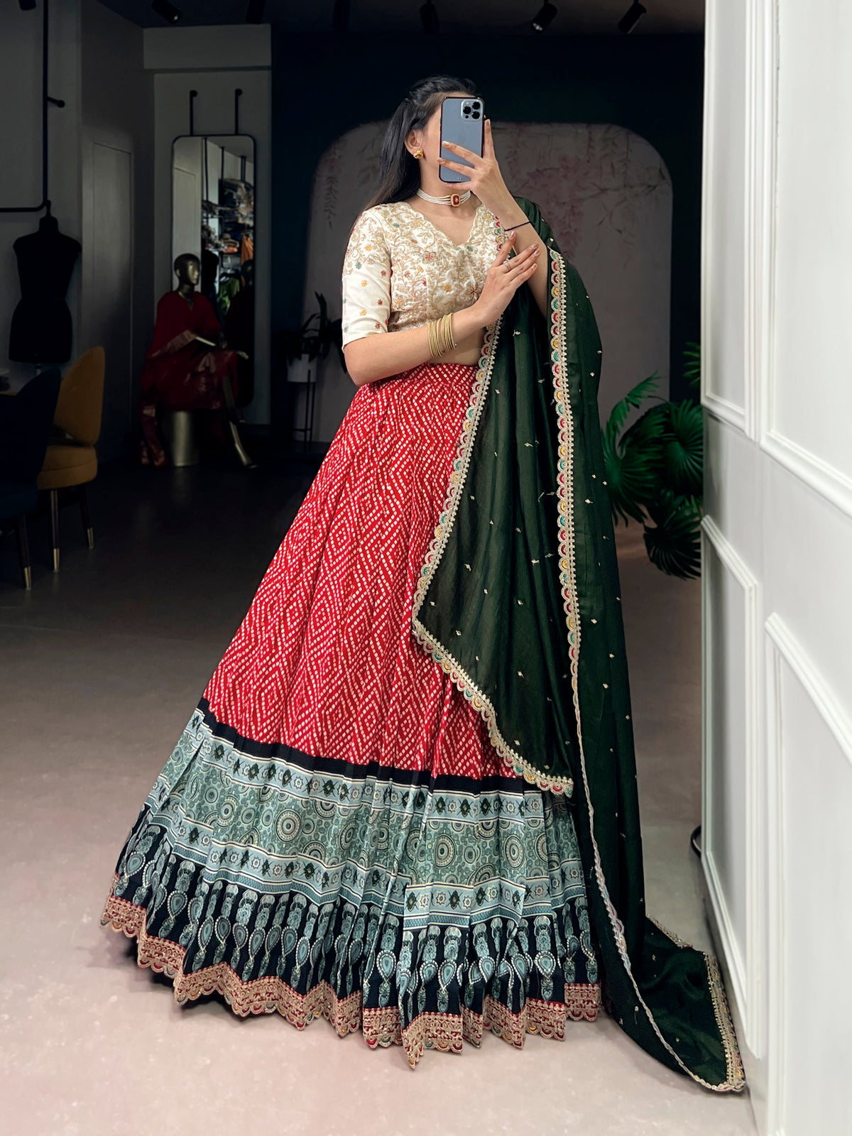Lorenvalley Fashion Red Rayon Bandhej and Ajrakh Print with Sequins and Thread Embroidery Lehenga Choli with Dupatta | Grocsy