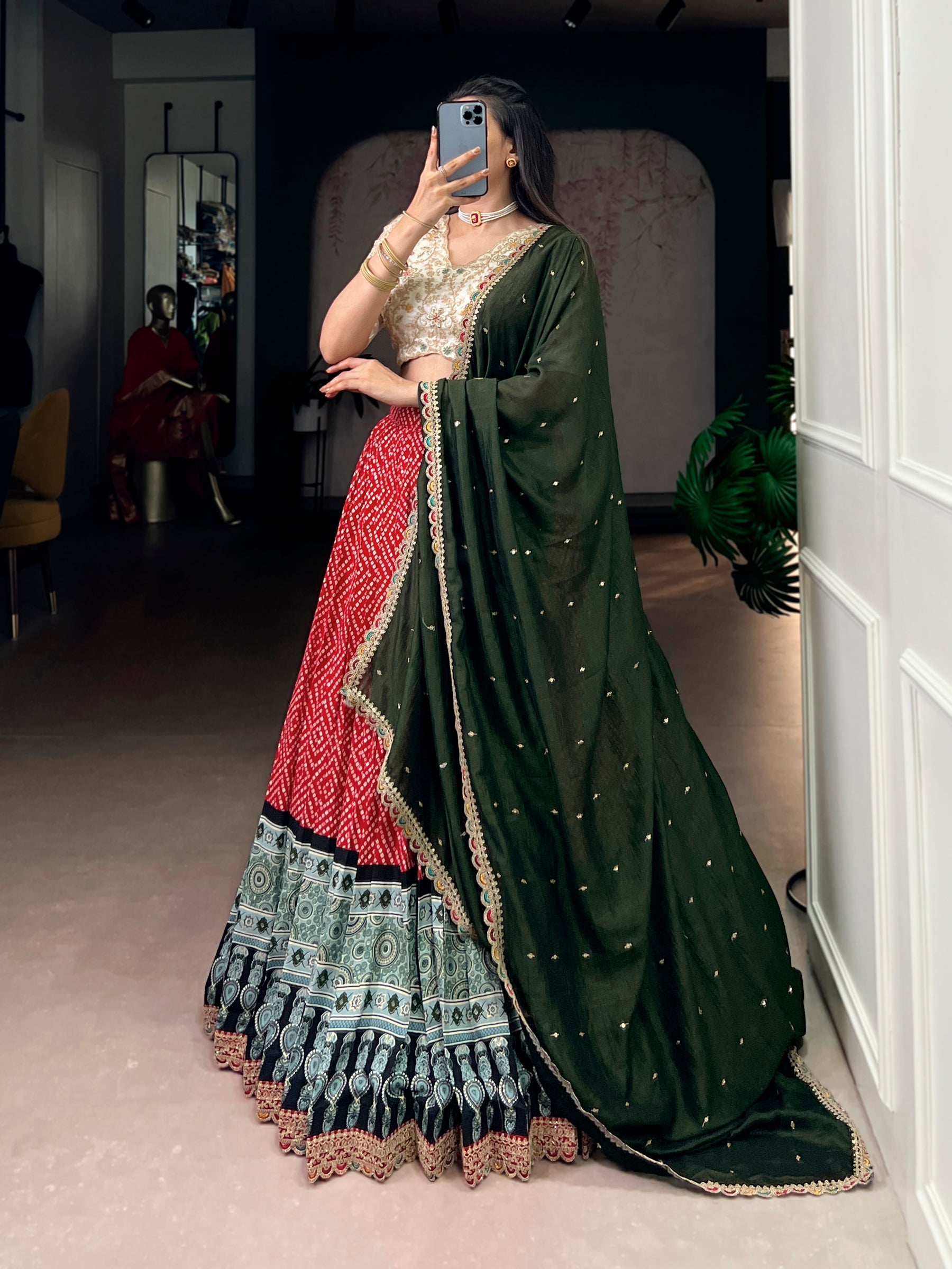 Lorenvalley Fashion Red Rayon Bandhej and Ajrakh Print with Sequins and Thread Embroidery Lehenga Choli with Dupatta | Grocsy
