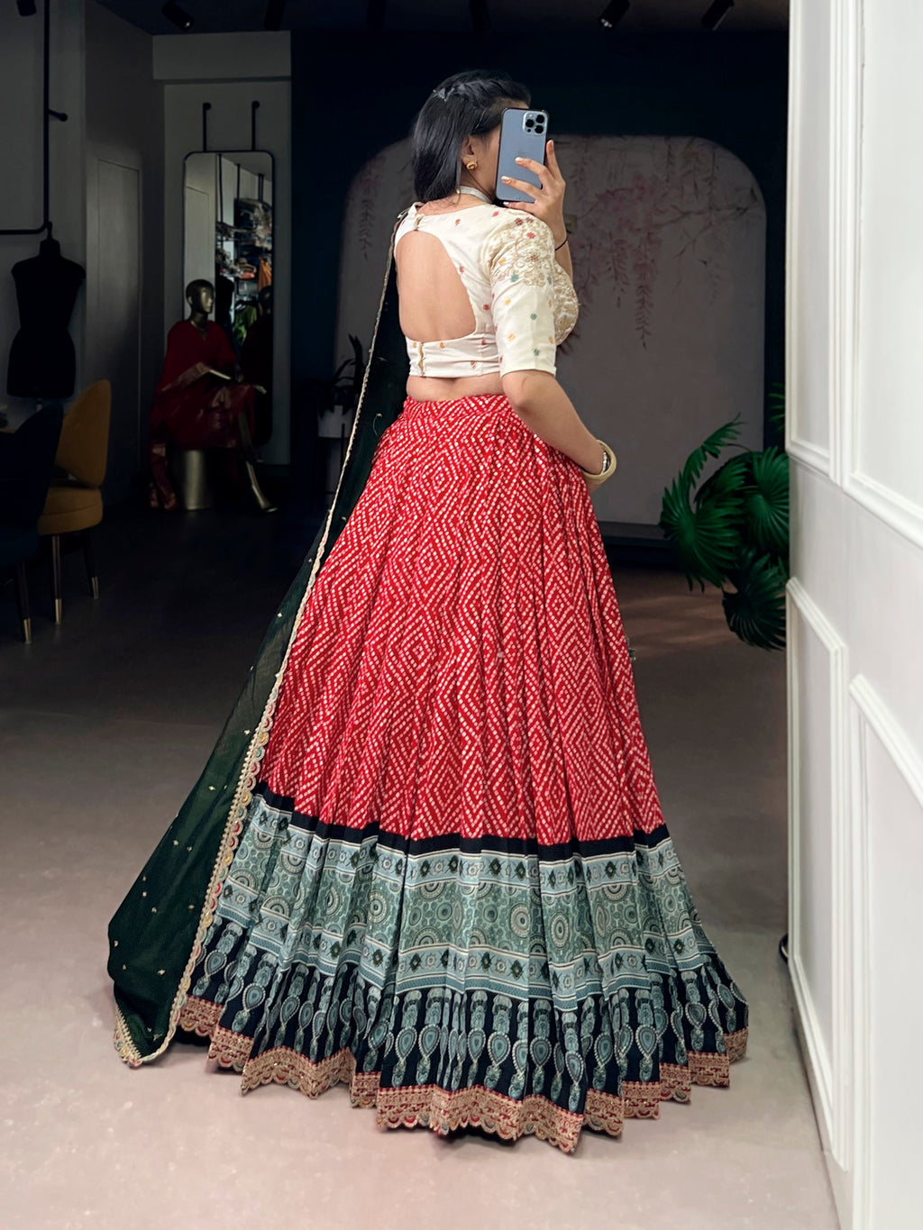 Lorenvalley Fashion Red Rayon Bandhej and Ajrakh Print with Sequins and Thread Embroidery Lehenga Choli with Dupatta | Grocsy
