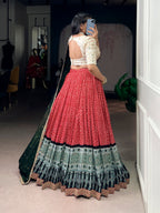 Lorenvalley Fashion Red Rayon Bandhej and Ajrakh Print with Sequins and Thread Embroidery Lehenga Choli with Dupatta | Grocsy