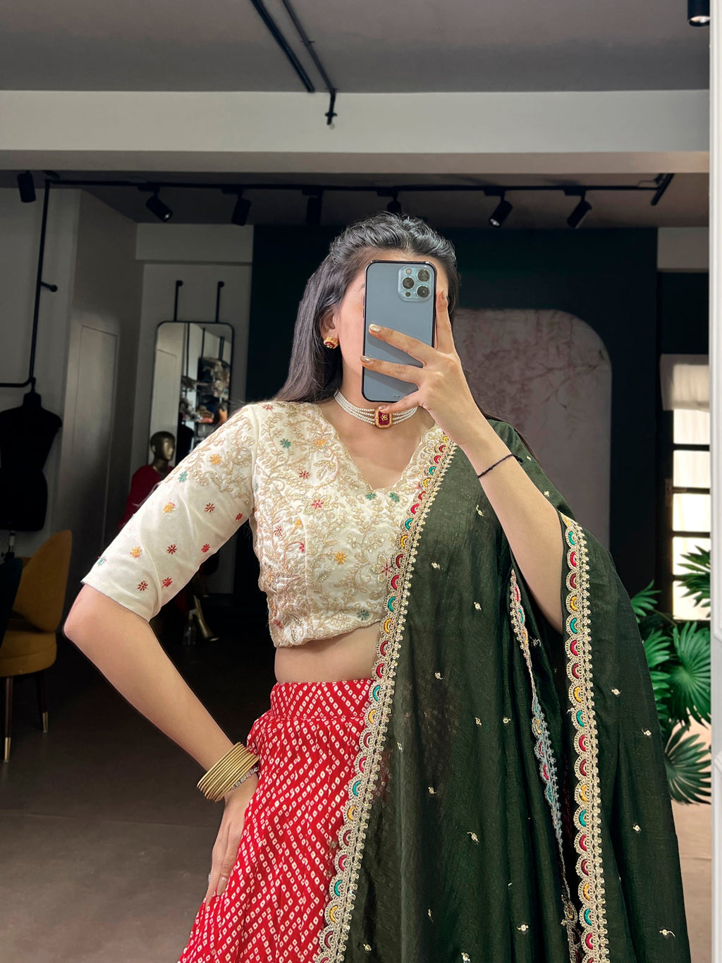 Lorenvalley Fashion Red Rayon Bandhej and Ajrakh Print with Sequins and Thread Embroidery Lehenga Choli with Dupatta | Grocsy