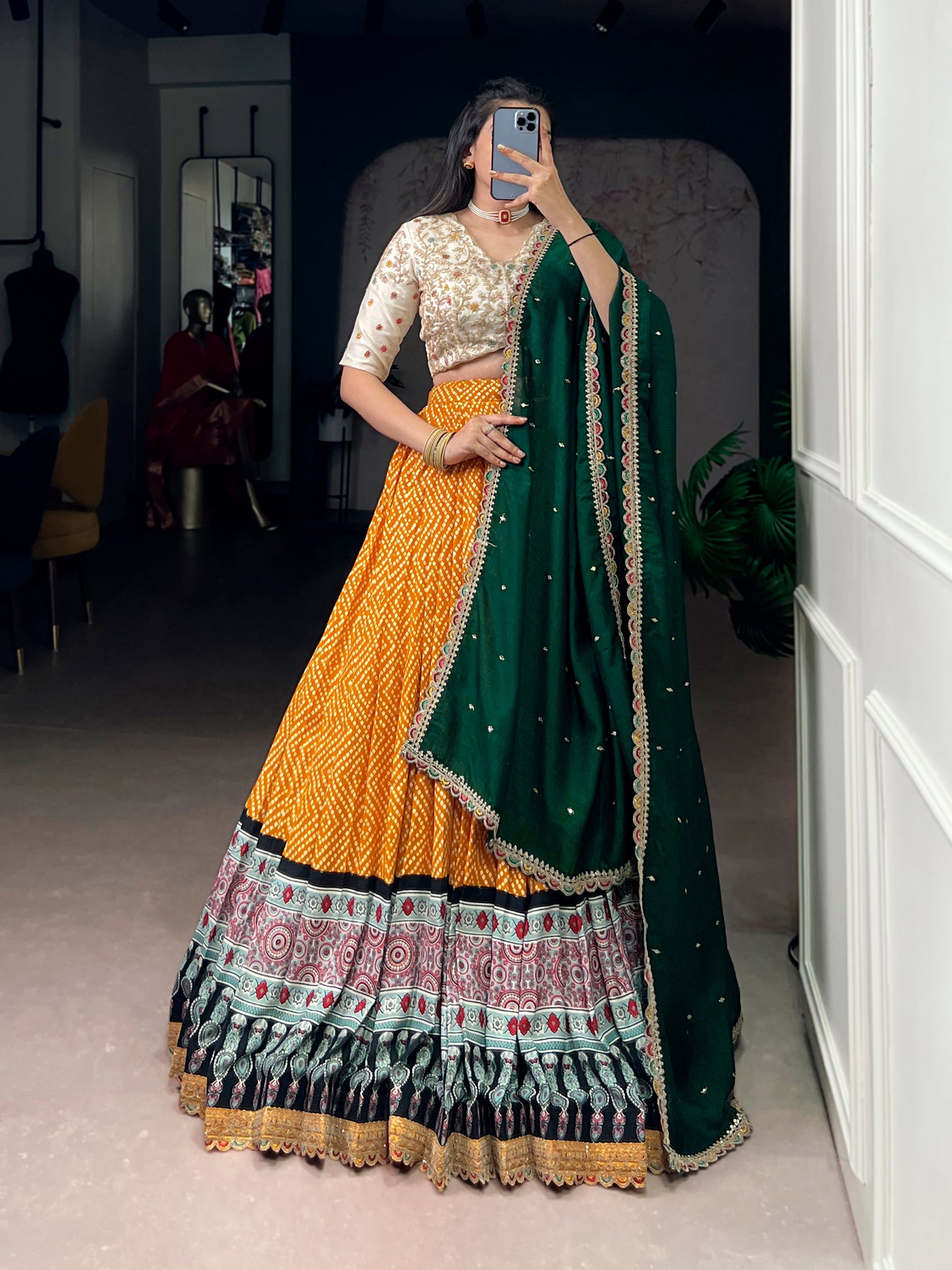Lorenvalley Fashion Yellow Rayon Bandhej and Ajrakh Print with Sequins and Thread Embroidery Lehenga Choli with Dupatta | Grocsy