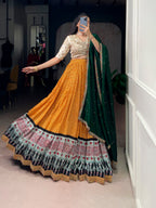 Lorenvalley Fashion Yellow Rayon Bandhej and Ajrakh Print with Sequins and Thread Embroidery Lehenga Choli with Dupatta | Grocsy