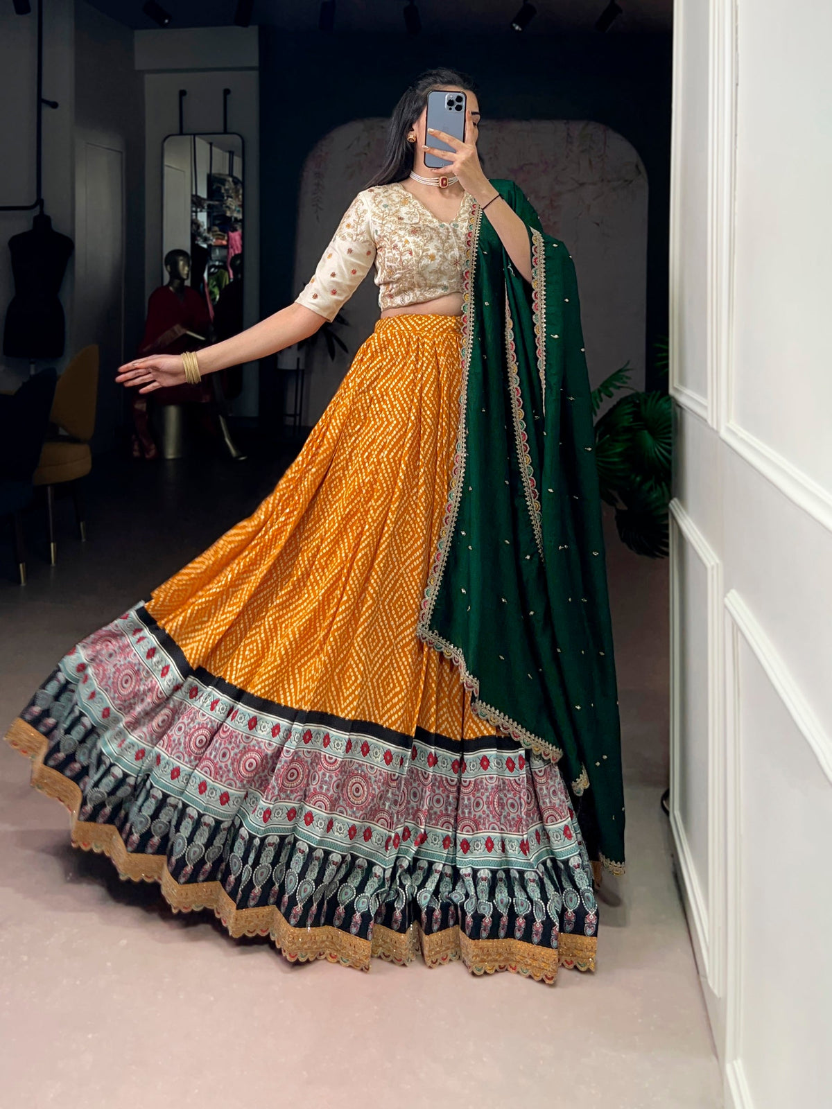 Lorenvalley Fashion Yellow Rayon Bandhej and Ajrakh Print with Sequins and Thread Embroidery Lehenga Choli with Dupatta | Grocsy