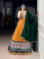 Lorenvalley Fashion Yellow Rayon Bandhej and Ajrakh Print with Sequins and Thread Embroidery Lehenga Choli with Dupatta | Grocsy