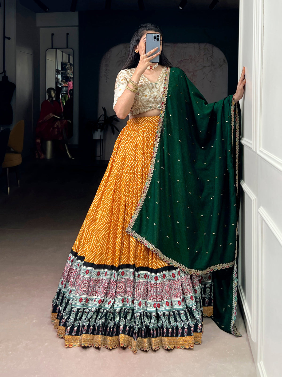 Lorenvalley Fashion Yellow Rayon Bandhej and Ajrakh Print with Sequins and Thread Embroidery Lehenga Choli with Dupatta | Grocsy