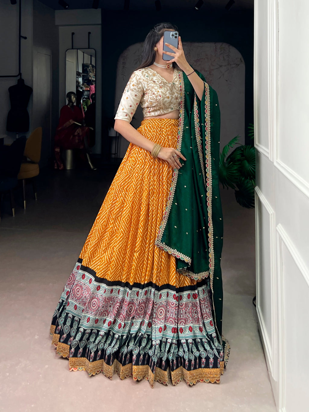 Lorenvalley Fashion Yellow Rayon Bandhej and Ajrakh Print with Sequins and Thread Embroidery Lehenga Choli with Dupatta | Grocsy