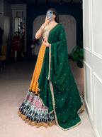 Lorenvalley Fashion Yellow Rayon Bandhej and Ajrakh Print with Sequins and Thread Embroidery Lehenga Choli with Dupatta | Grocsy